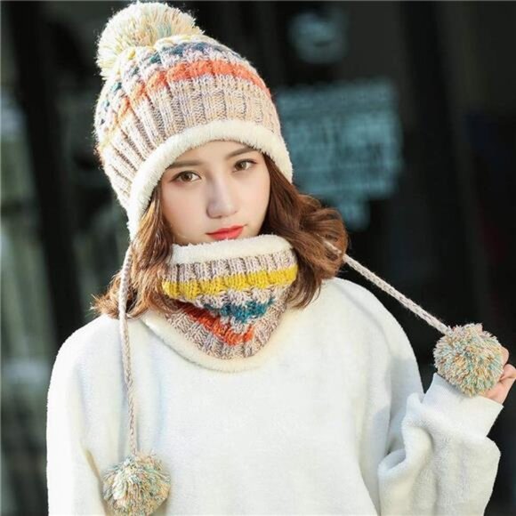 Women Winter Beanie Hat Circle Scarf Set Beige - Picture 3 of 7